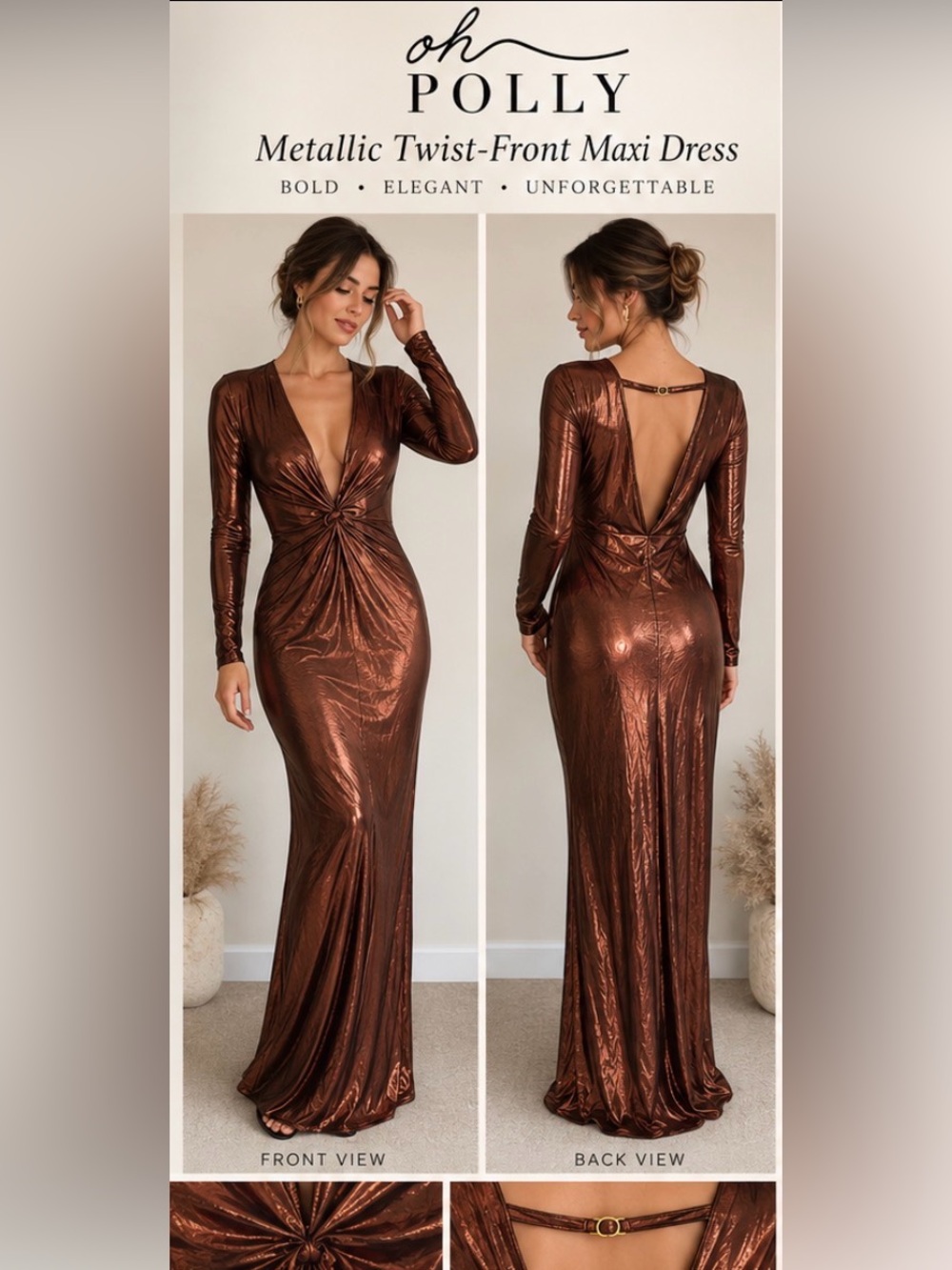 Oh Polly Copper Bronze Metallic Twist-Front Maxi Dress – US 8